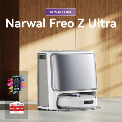 NARWAL Freo Z Ultra 扫拖一体机器人，双RGB摄像头和芯片，AI避障，12000Pa吸力，实时决策，自适应热水自动清洗和自动清空集尘盒，宠物毛发清理，静音 - 开箱品
