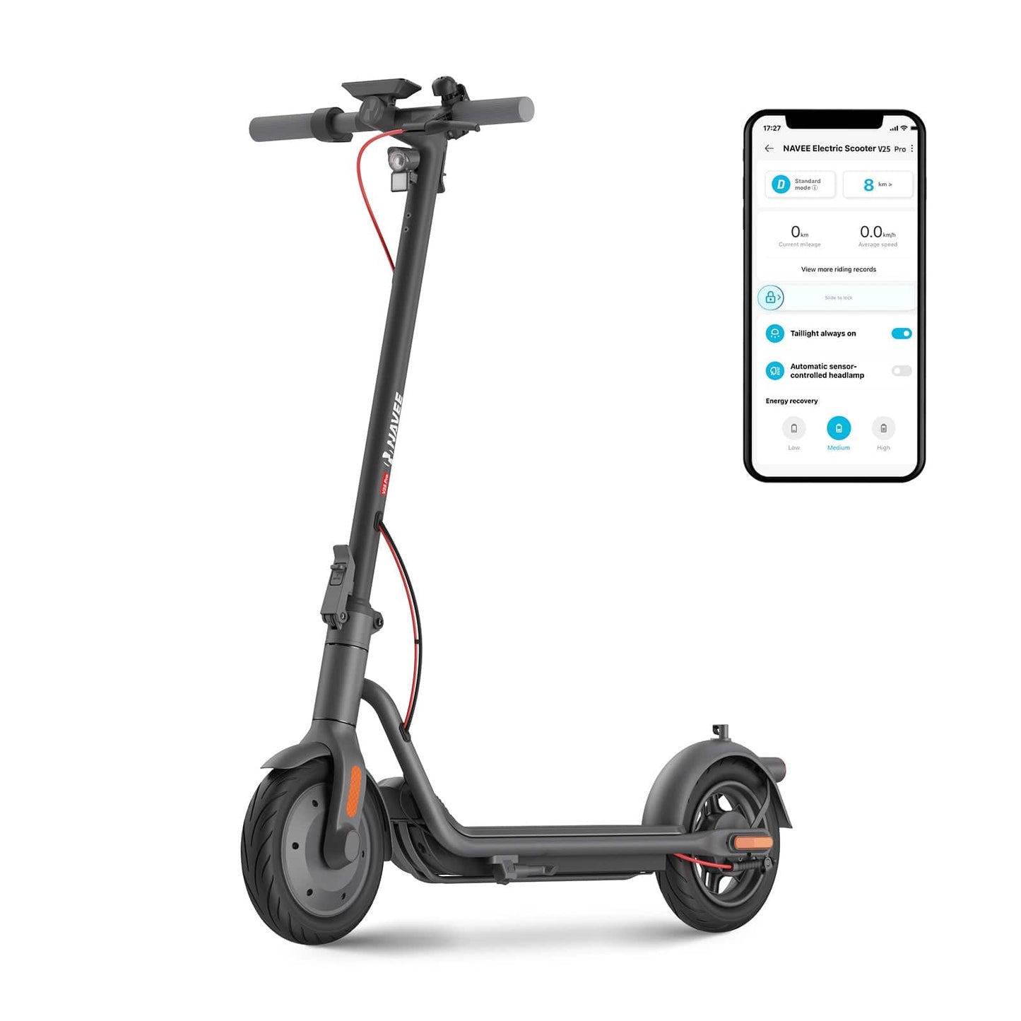 NAVEE V25 Pro Electric Scooter w/15.5 mi Max Operating Range & 18.6 mph Max Speed - Black
