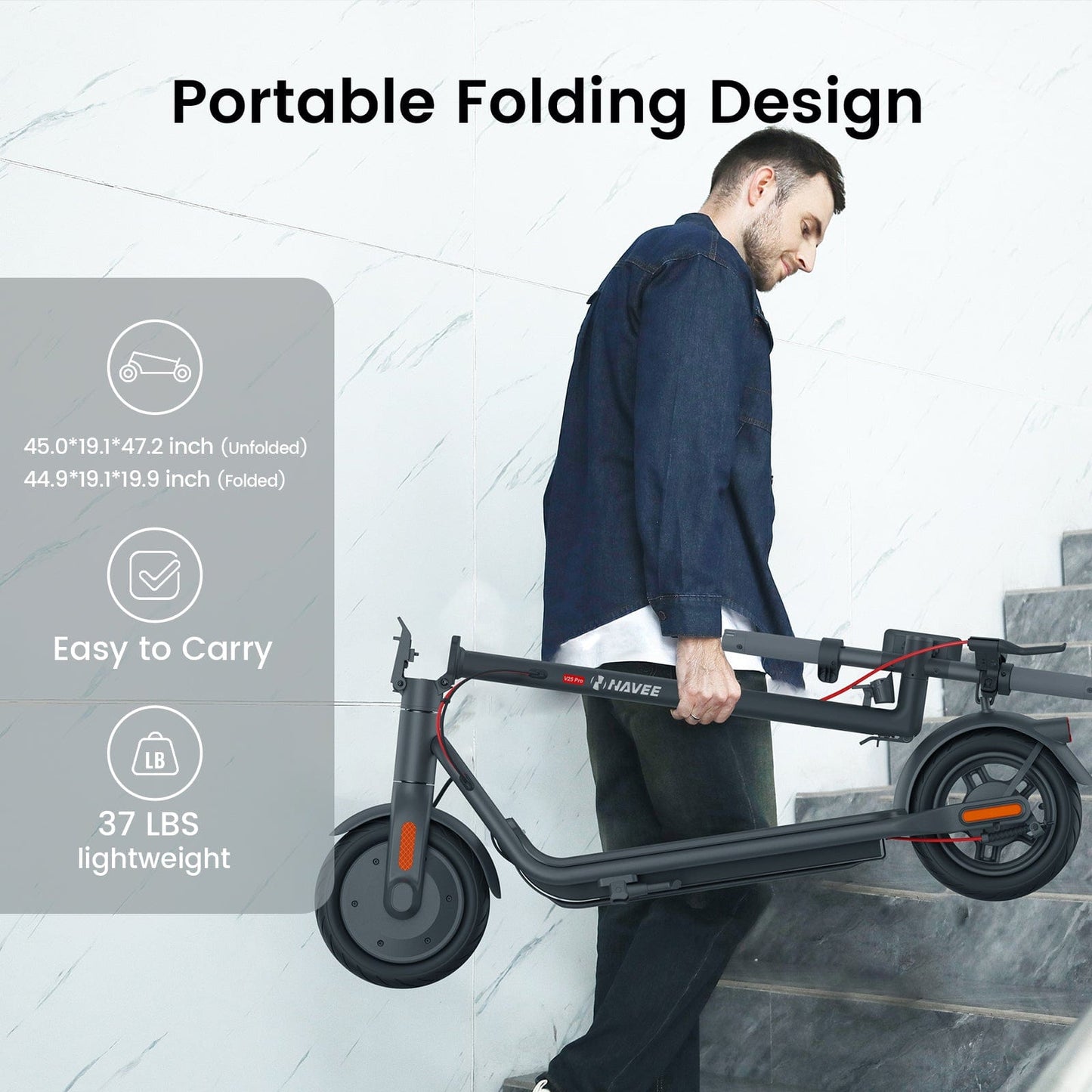 NAVEE V25 Pro Electric Scooter w/15.5 mi Max Operating Range & 18.6 mph Max Speed - Black